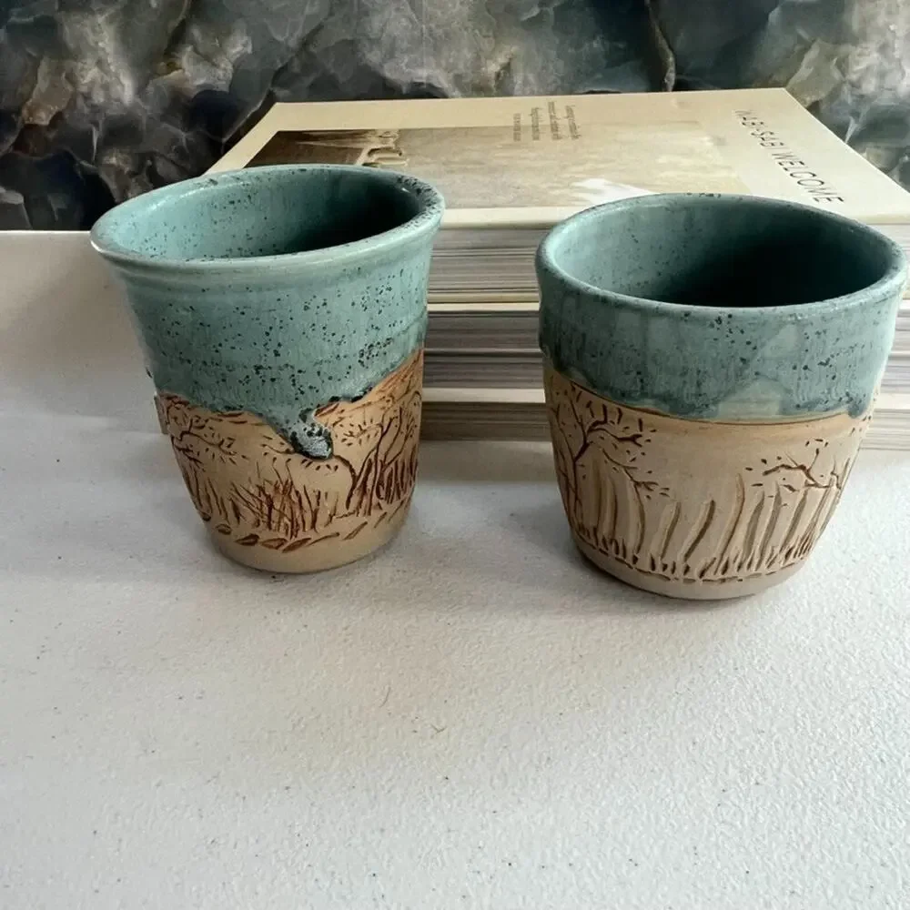 Unmarked Stoneware Tumbler Cups Speckled Blue Etched Tree Design Set of 2
